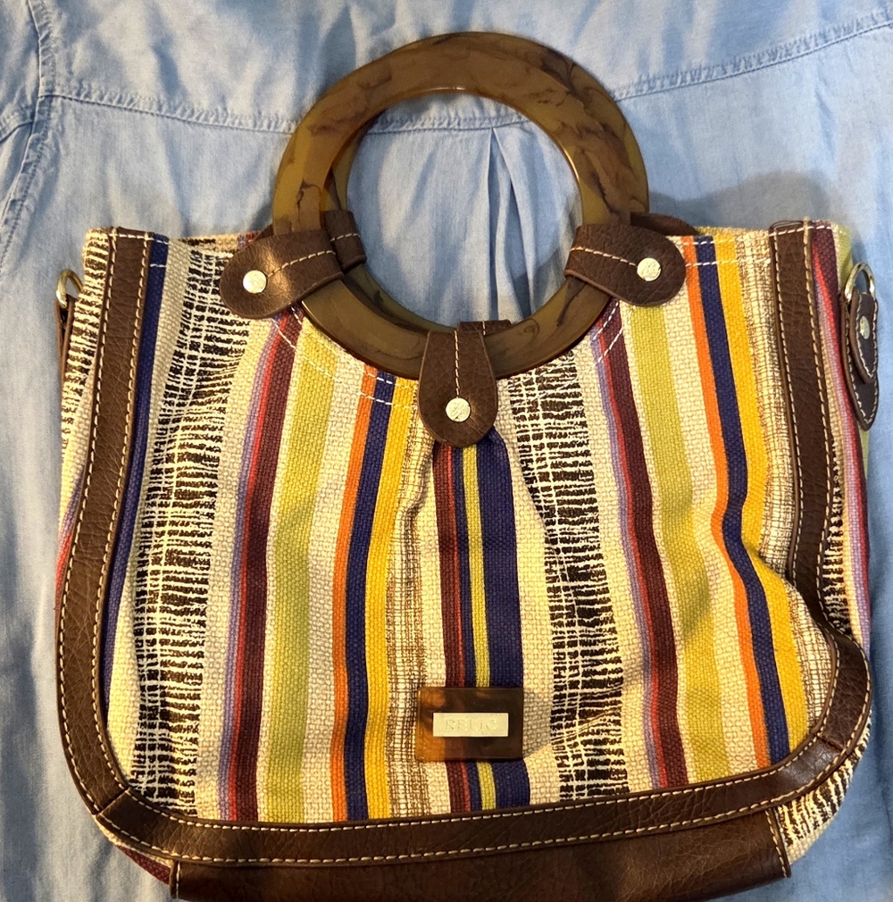 Relic Multicolor Striped Clutch with Brown Handles